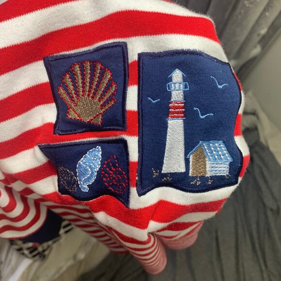 Nautical Red Striped Breckenridge V Neck T Shirt Navy Blue Trim Patches MEDIUM - Picture 9 of 11